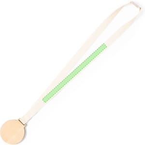 A wooden medal with a natural finish and a cream ribbon featuring a green stitch detail.