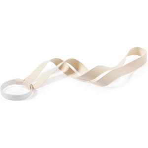 A drink bottle holder in a cream colour with a tan ribbon strap and a circular base. Features a logo.