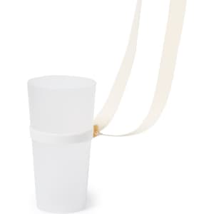 A drink bottle holder with a white cup and beige lanyard, designed for convenience at events. It features a logo.