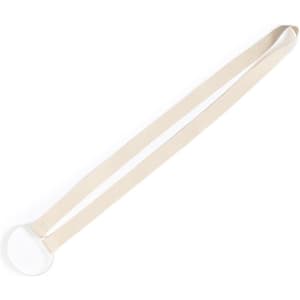 A drink bottle holder with a cream strap and a circular holder. It features a logo on the holder.