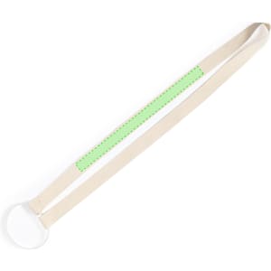 A drink bottle lanyard cup holder featuring a white base and light green strap. It includes a branding logo.