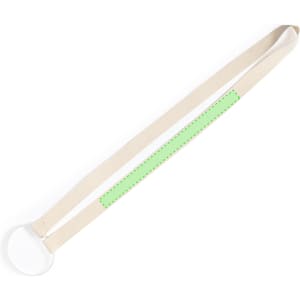 A drink bottle holder with a beige strap and a green section, featuring a circular holder at one end.