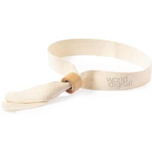 A beige bracelet with a wooden clasp, featuring a logo. The material appears woven and durable.