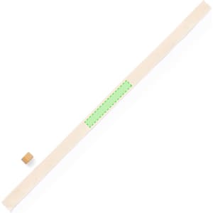 A beige bracelet with a green highlight and a wooden clasp. It features a simple design with a logo.