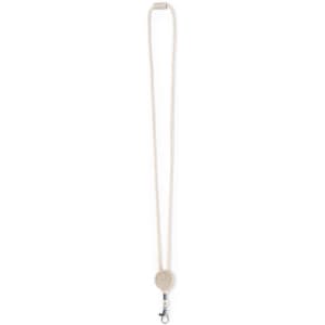 A beige lanyard with a circular attachment and a metal clip at the end, featuring a logo.