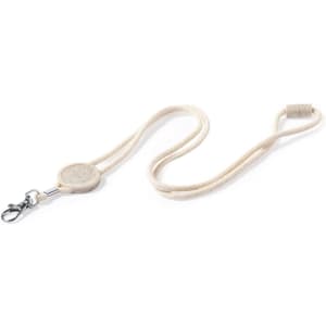 A beige lanyard with a clip attachment, featuring a circular branding area for customisation.