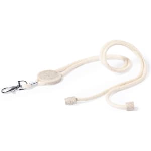A cream lanyard with a clip and a textured attachment point, designed for exhibitions and events.