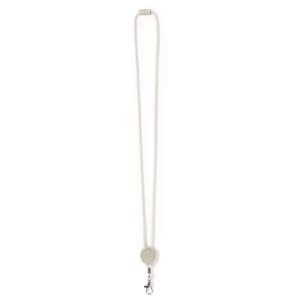 A lanyard in a light colour with a round attachment and a clip for securing items.