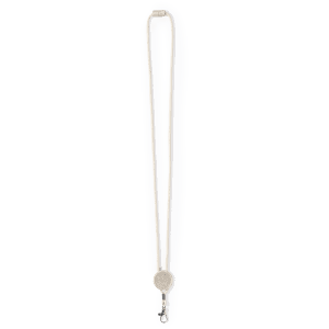 A beige lanyard with a retractable reel and a clip for securing items.