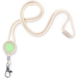 A cream-coloured lanyard with a circular connector and a clip at the end. It includes a branding area.