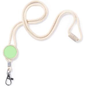 A cream-coloured lanyard with a round attachment and a clip for secure fastening. It has a smooth texture.