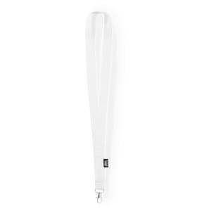 A white lanyard with a silver clip and a logo, designed for exhibitions and events.