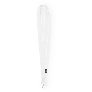 A white lanyard featuring a clip at one end and a branded tag.