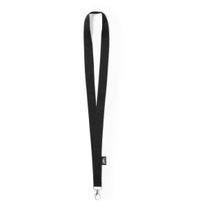 A black lanyard with a metal clip, featuring a small logo tag. Suitable for exhibitions and events.