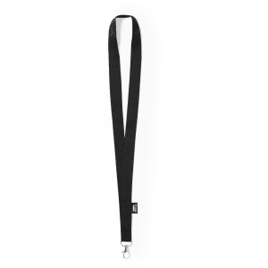 A black lanyard with a metal clip, featuring a simple design and a branding logo.