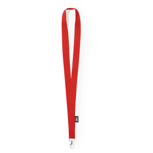 A red lanyard with a clip at the end, featuring a logo on its fabric.