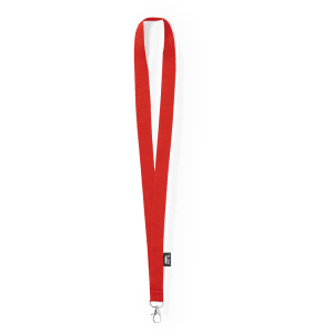 A red lanyard with a clip at the end, featuring a small logo. Ideal for exhibitions and events.