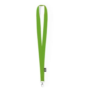 A green lanyard with a clip at the end and a small branding label. Perfect for events and exhibitions.