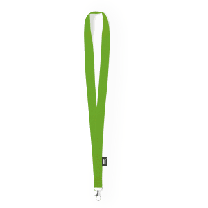 A green lanyard with a silver clip, featuring a logo. Suitable for exhibitions and events.