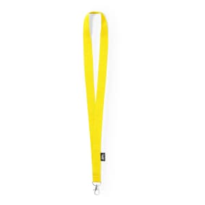 A yellow lanyard with a metal clip at one end and a branding logo on the strap.