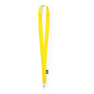 A yellow lanyard featuring a clip for attaching items, with a small logo on one side.