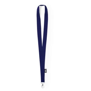 A navy blue lanyard with a metal clip for attaching items, featuring a branding logo.