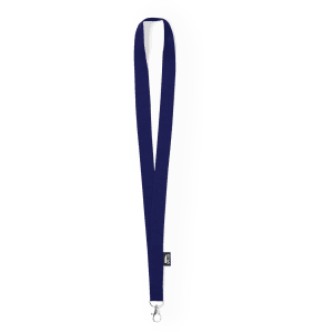 A navy blue lanyard with a hook and a small logo, designed for holding IDs or badges.