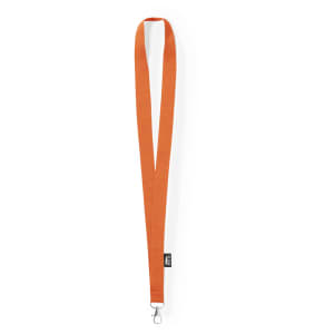 An orange lanyard with a metal clip, featuring a branding logo. Suitable for events and exhibitions.