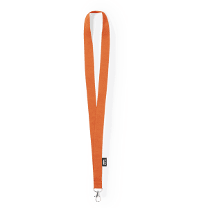 An orange lanyard featuring a metal clip, suitable for holding ID cards or accessories.