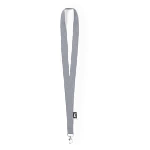 A grey lanyard featuring a metal clip and a branding tag, suitable for holding ID cards or keys.