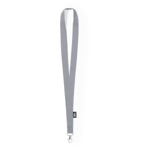 A grey lanyard with a clip, featuring a simple design and a logo at the base. Ideal for events and exhibitions.