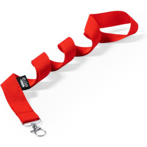 A red lanyard with a silver clip and a tag, designed for holding IDs or promotional items.