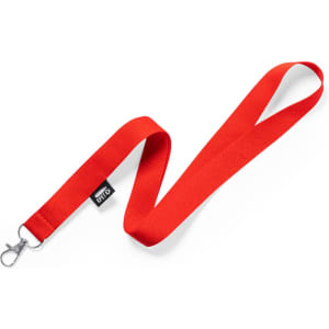 A red lanyard with a metal clip, featuring a logo, suitable for exhibitions and events.