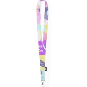 A colourful lanyard featuring a mix of pastel shades and abstract patterns, complete with a clip for attachment.