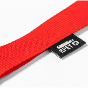 A red lanyard with a black branding tag, made from RPET material.