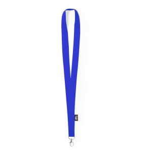A blue lanyard with a clip at one end, featuring a branding label.