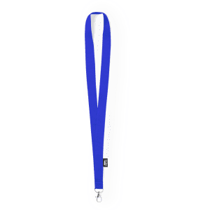 A blue lanyard with a clip at the end, featuring a logo on the side. Suitable for exhibitions and events.