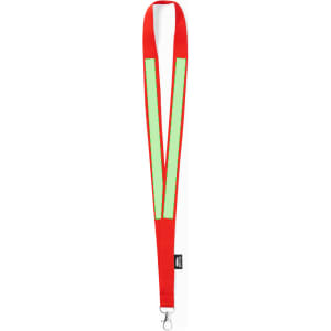 A red lanyard with reflective stripes and a metal clip for attachment. It has branding on one side.
