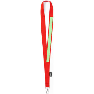 A red lanyard with a reflective strip and a clip for attaching items. It features a logo.