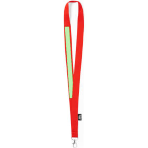 A red lanyard with a reflective strip and a clip at the end. It features a logo.