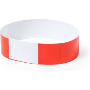 A red and white wristband featuring a blank section, suitable for events and exhibitions.