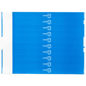 A series of blue wristbands with a white section, featuring a logo on each band.