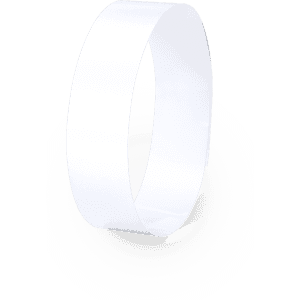 A white wristband with a smooth surface, featuring a simple design and a logo.