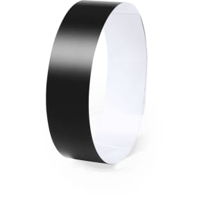 A black wristband with a smooth surface and a white interior, featuring a logo. Suitable for events and exhibitions.