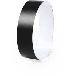 A black wristband with a smooth finish, designed for events. It features a simple, solid design with a white interior.