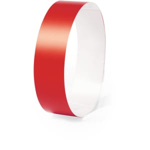 A red wristband with a smooth, glossy finish; features a simple design and has a logo.