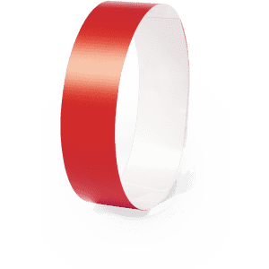 A red wristband with a smooth surface and an inner white lining, featuring a logo.