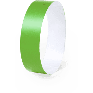 A green wristband displayed upright, featuring a smooth finish and a white interior. It has a logo on one side.
