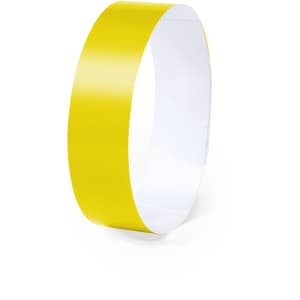 A yellow wristband with a smooth finish, designed for events and exhibitions, featuring a logo.