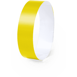 A yellow wristband with a smooth, glossy finish, featuring a plain white interior and no visible text.